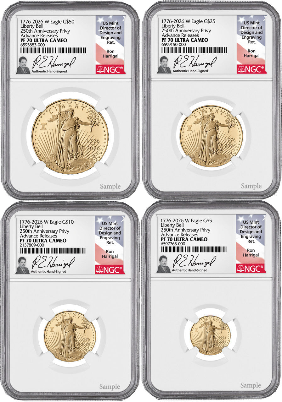 2026-W Proof Gold Eagle Liberty Bell 4-Coin Set AR NGC PF70 Harrigal (1776-2026)