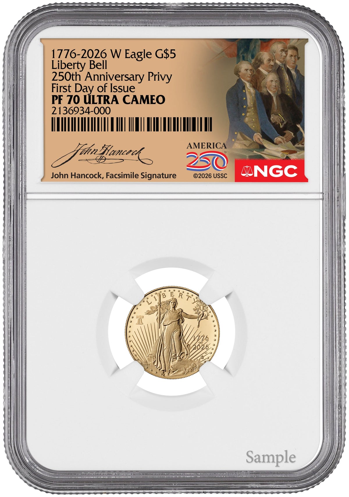 2026-W 1/10 oz Proof Gold Eagle 250 Liberty Bell FDI NGC PF70 (1776-2026) Hancock