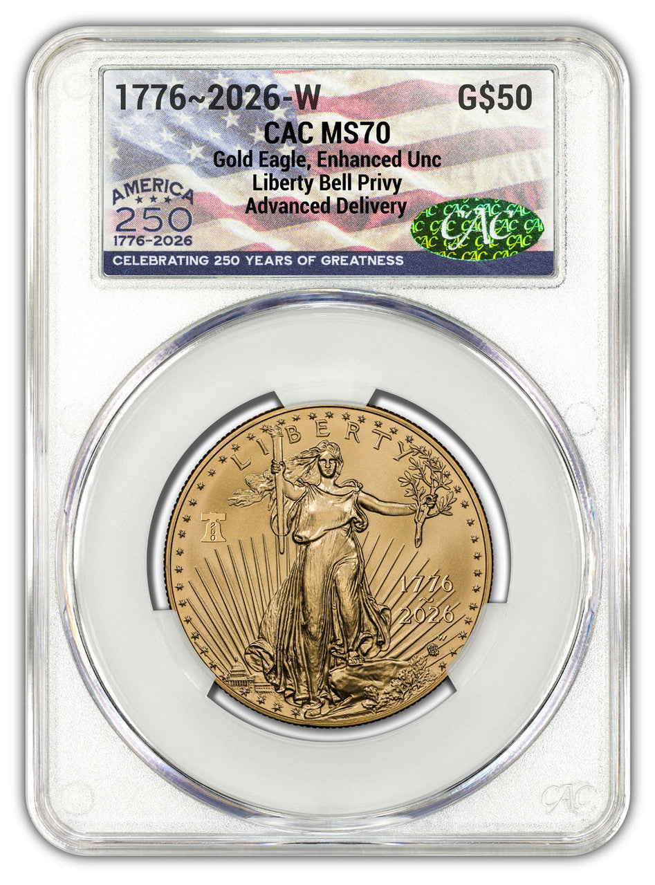 2026-W 1 oz Burnished Gold Eagle 250 Liberty Bell AD CAC MS70 (1776-2026)