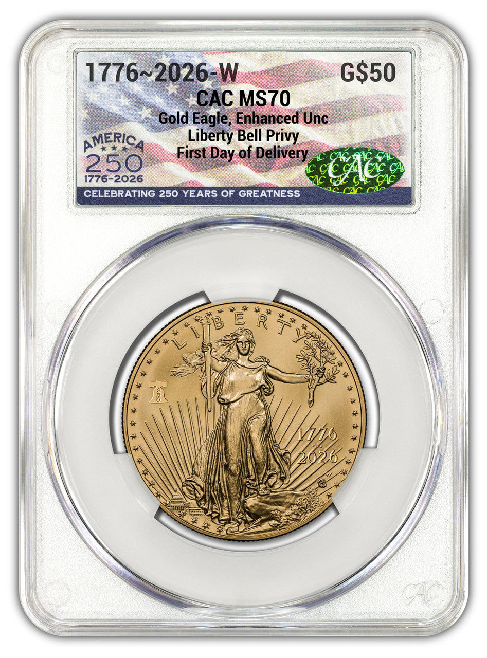 2026-W 1 oz Enhanced Gold Eagle 250 Liberty Bell FDD CAC MS70 (1776-2026) Flag
