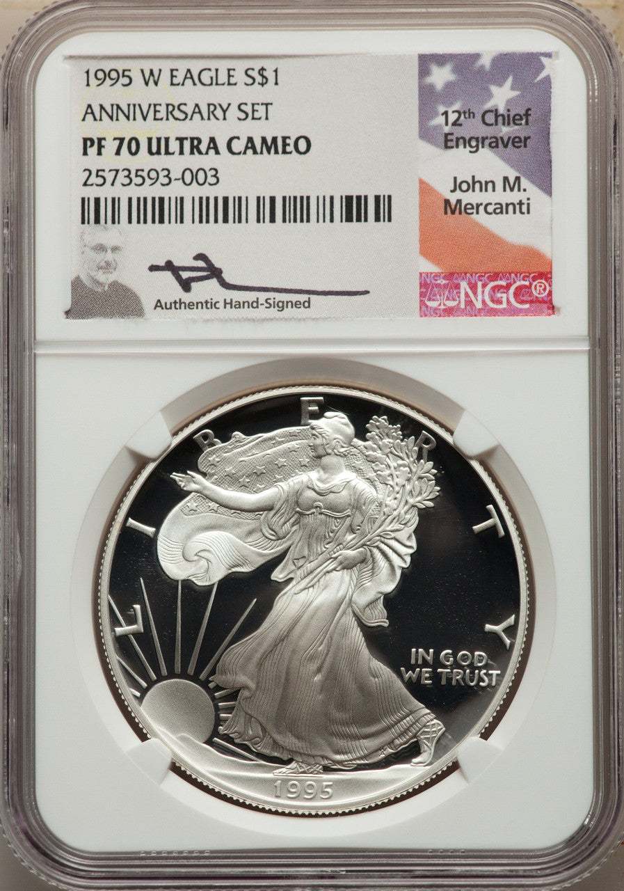 1995-W Complete 5 Coin American Gold and Silver Eagle 10th Anniversary Set NGC PF70UCAM John Mercanti Signed