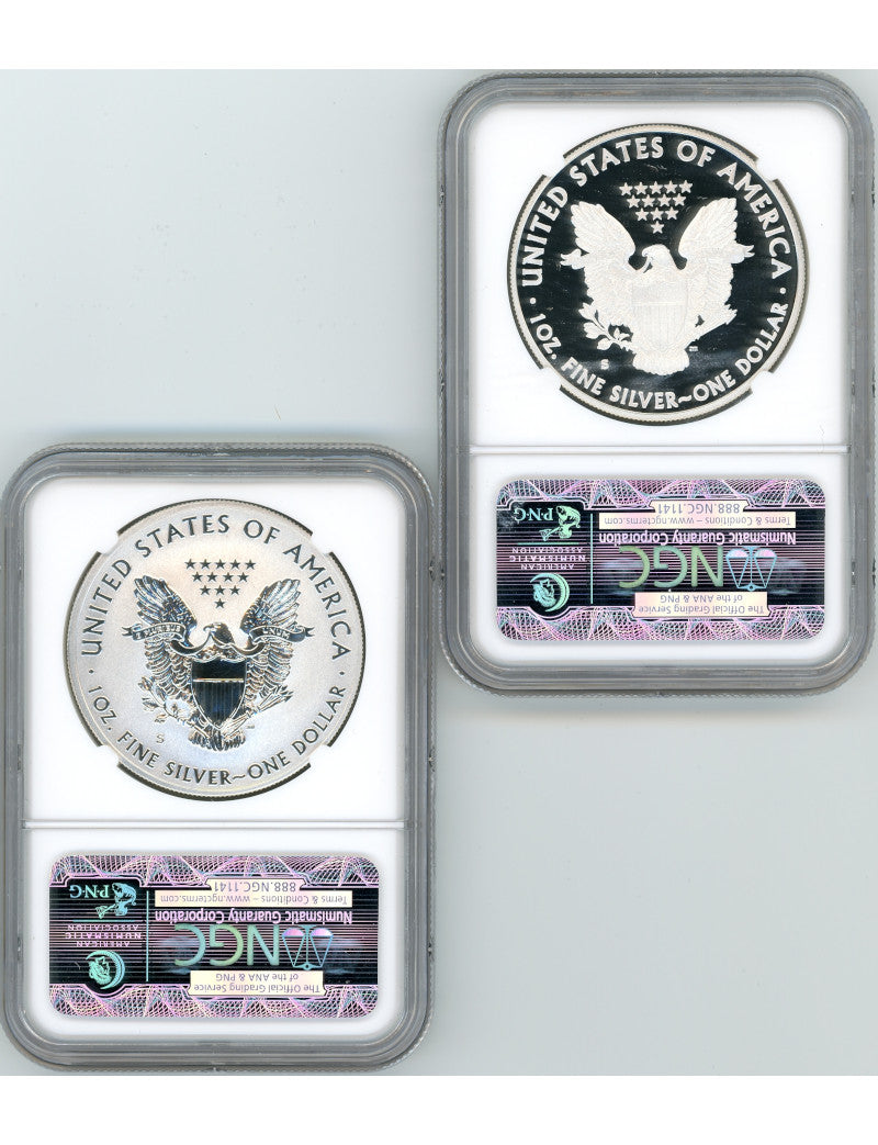 2012-S American Silver Eagle 2pc Set NGC Reverse PF70 and PF70 Trolly Label