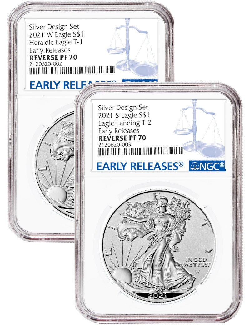 2021-S 2021-W Two-Coin Silver Eagle Set Reverse Proof Type 1 & 2 Designer Edition ER NGC PF70