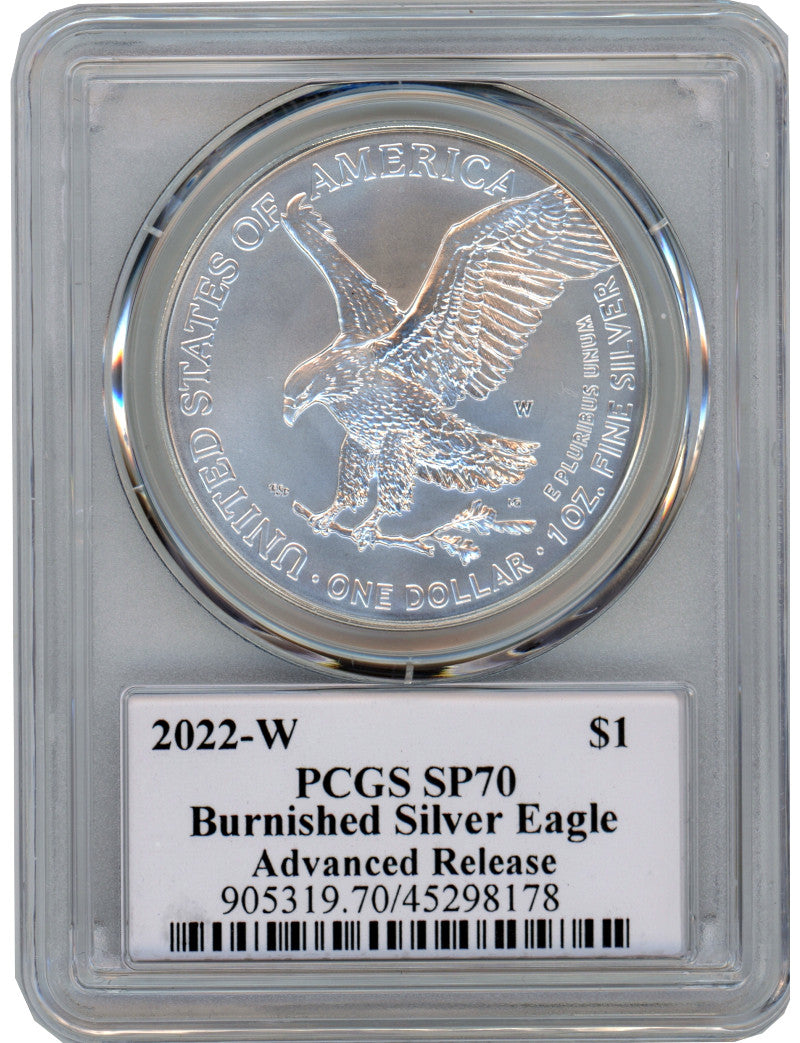 2022-W Burnished Silver Eagle Advanced Release PCGS SP70 Damstra Signed