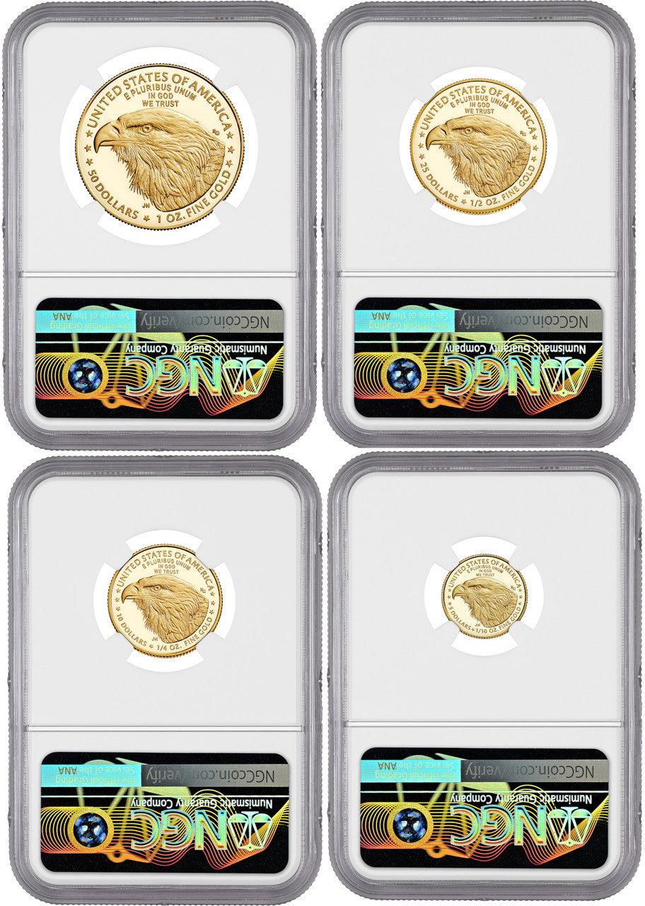 2023-W Gold Eagle 4-Coin Set FDI NGC PF70 Ultra Cameo Ron Harrigal Signed