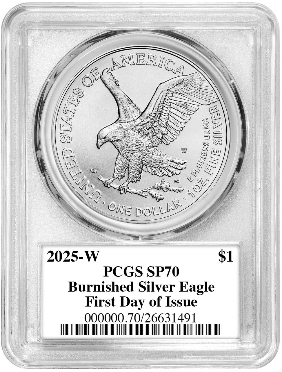 2025-W Burnished Silver Eagle FDI PCGS SP70 Damstra Signed