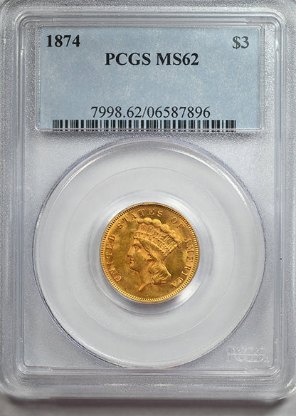 1874 Indian Princess Gold Three Dollar Piece $3 PCGS MS62