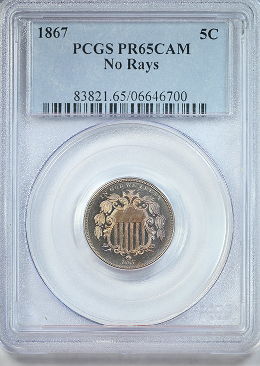 1867 Proof Shield Nickel 5C PCGS PR65CAM Cameo No Rays - TONED!