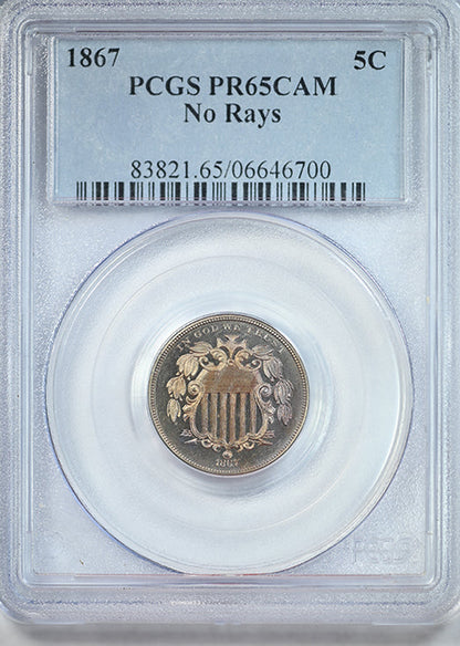 1867 Proof Shield Nickel 5C PCGS PR65CAM Cameo No Rays - TONED!