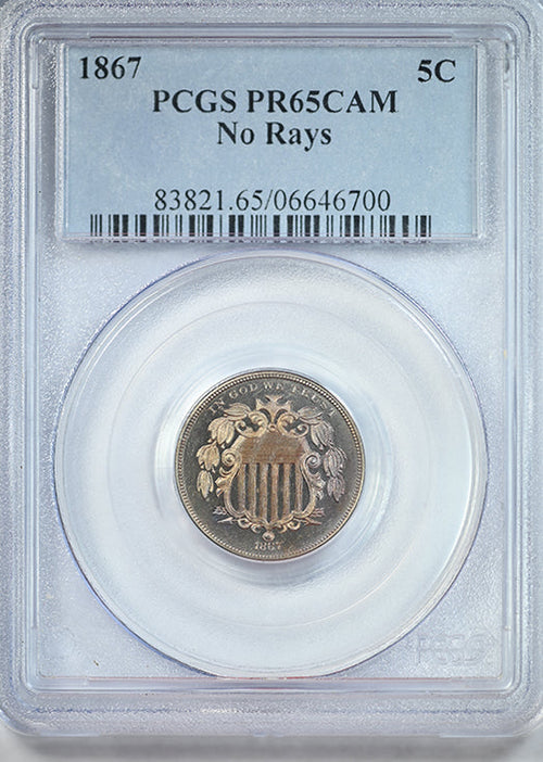 1867 Proof Shield Nickel 5C PCGS PR65CAM Cameo No Rays - TONED!