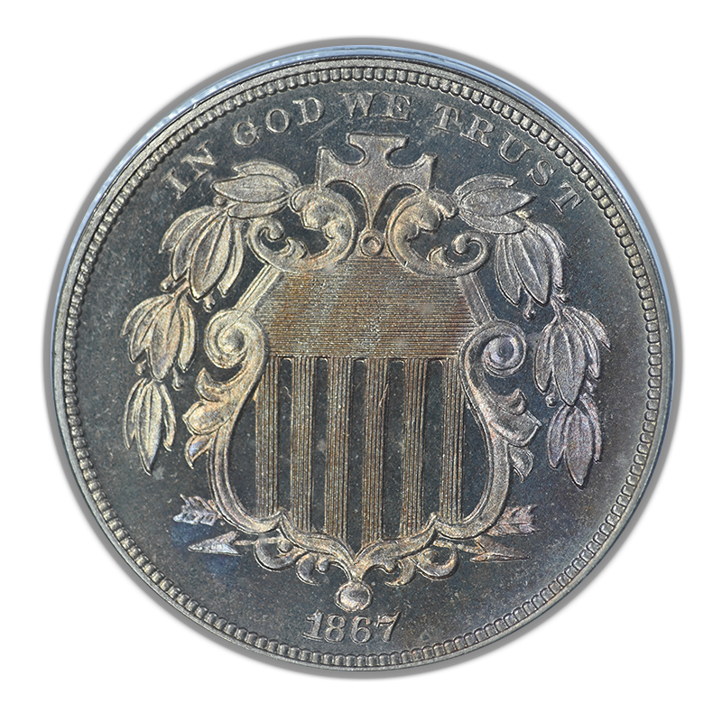 1867 Proof Shield Nickel 5C PCGS PR65CAM Cameo No Rays - TONED!