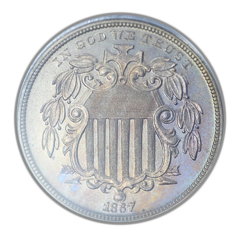1867 Proof Shield Nickel 5C PCGS PR65CAM Cameo No Rays - TONED!