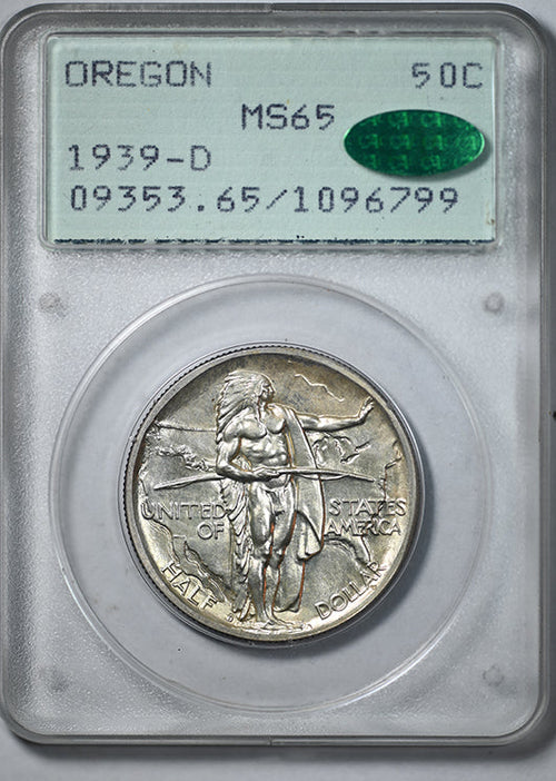 1939-D Oregon Trail Classic Commemorative Half Dollar 50C PCGS Rattler MS65 CAC - "109" Cert Number