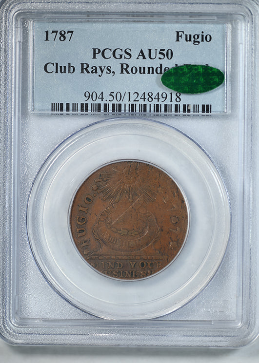 1787 Fugio Cent 1C Club Rays, Rounded Ends PCGS AU50 CAC
