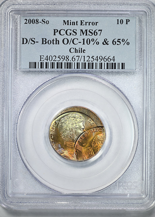 2008-So Chile 10P Pesos PCGS MS67 Mint Error D/S Both O/C 10% & 65% - TONED!