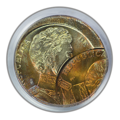 2008-So Chile 10P Pesos PCGS MS67 Mint Error D/S Both O/C 10% & 65% - TONED!