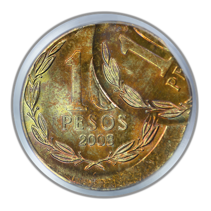 2008-So Chile 10P Pesos PCGS MS67 Mint Error D/S Both O/C 10% & 65% - TONED!