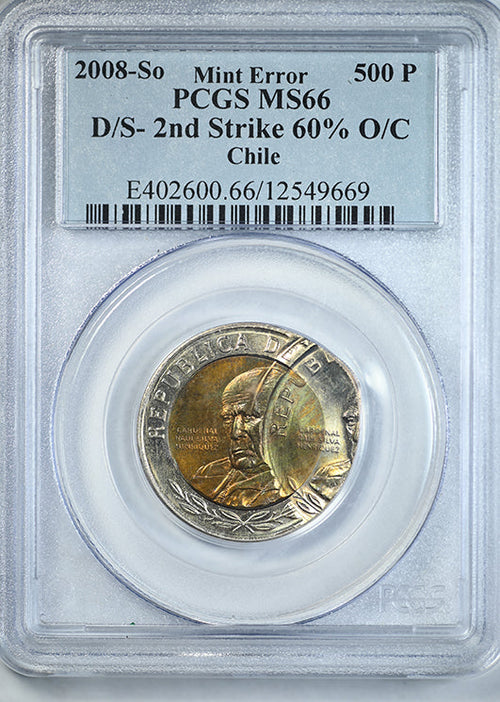 2008-So Chile 500P Pesos PCGS MS66 Mint Error D/S 2nd Strike 60% O/C