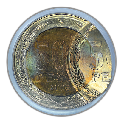 2008-So Chile 500P Pesos PCGS MS66 Mint Error D/S 2nd Strike 60% O/C