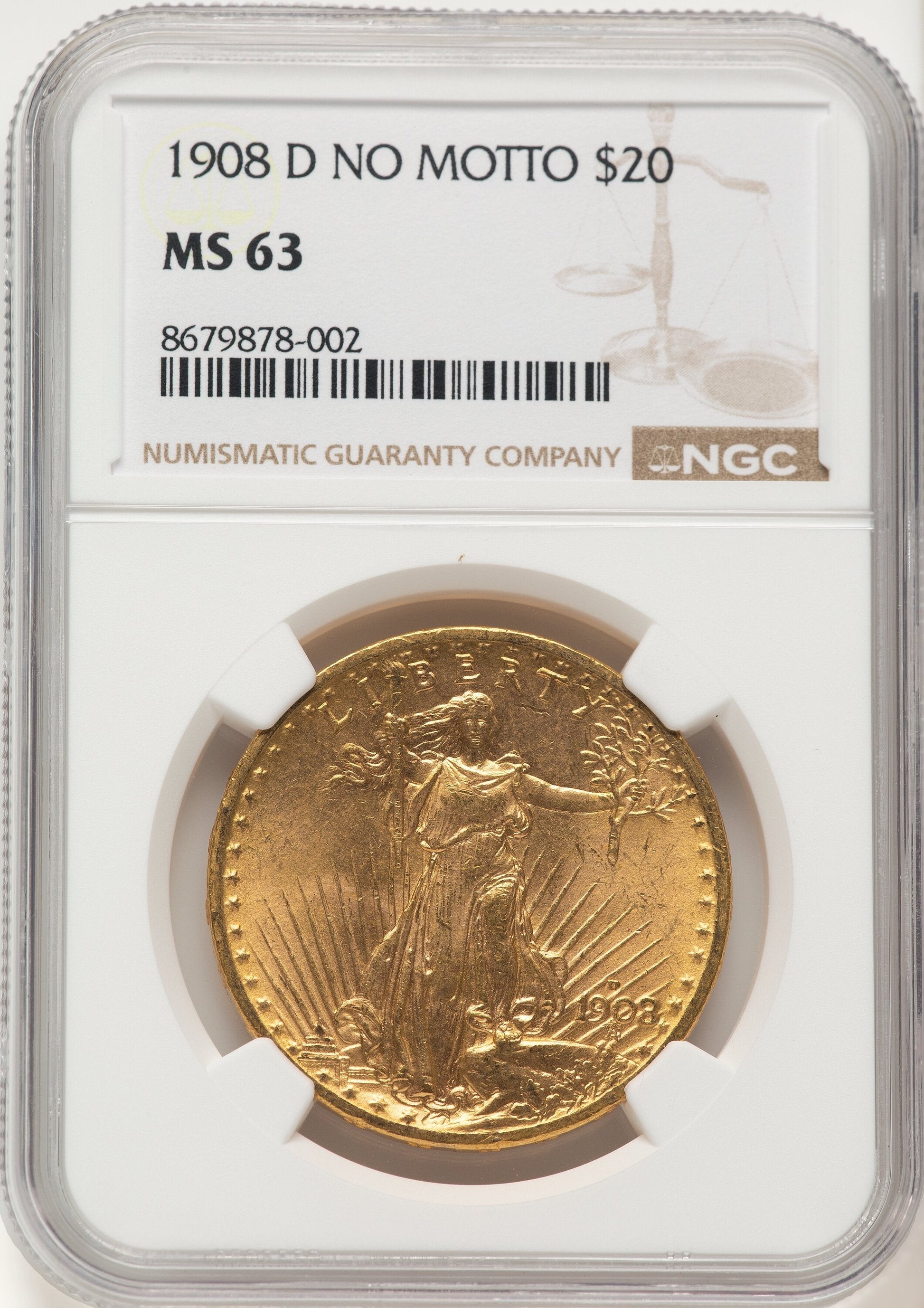 1908-D $20 NO MOTTO Saint-Gaudens Double Eagle NGC MS63