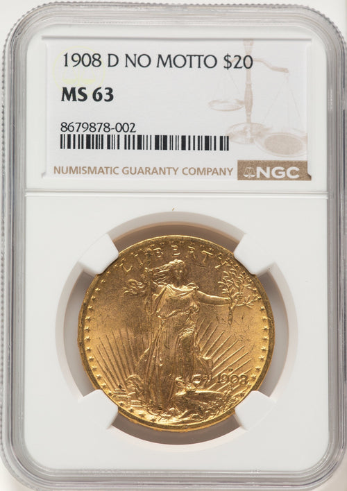 1908-D $20 NO MOTTO Saint-Gaudens Double Eagle NGC MS63