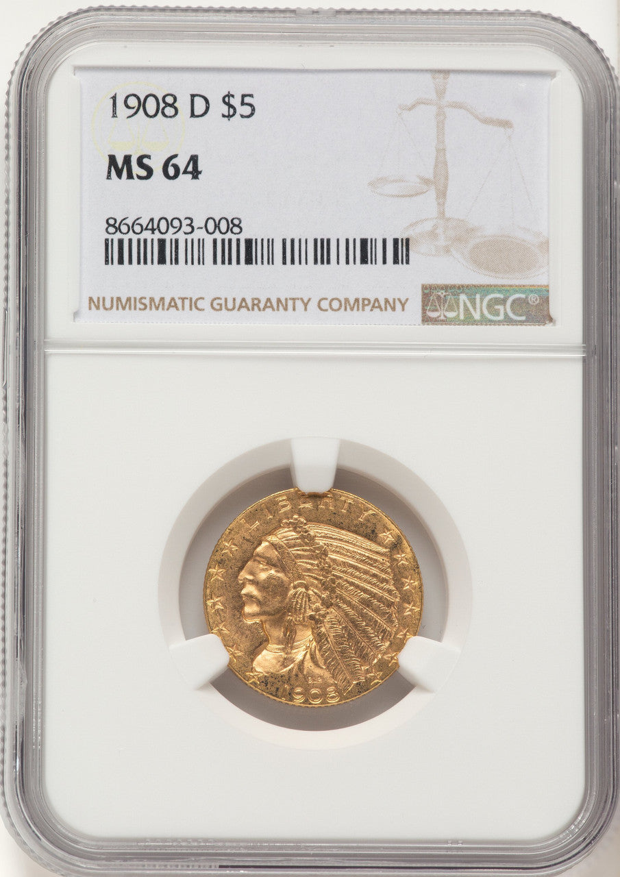 1908-D $5 Indian Half Eagle NGC MS64