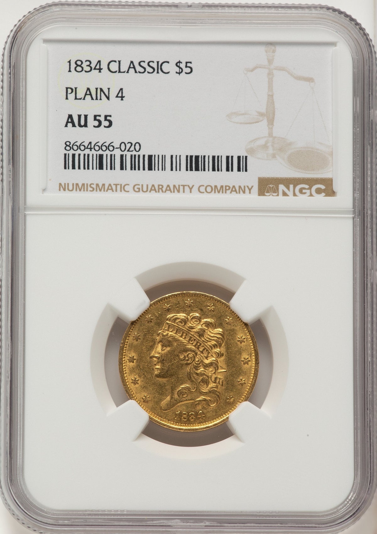 1834 $5 PLAIN 4 Classic Half Eagle NGC AU55