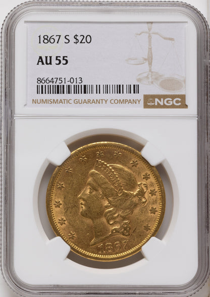 1867-S $20 Liberty Double Eagle NGC AU55