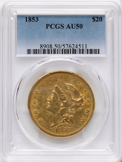 1853 $20 Liberty Double Eagle PCGS AU50