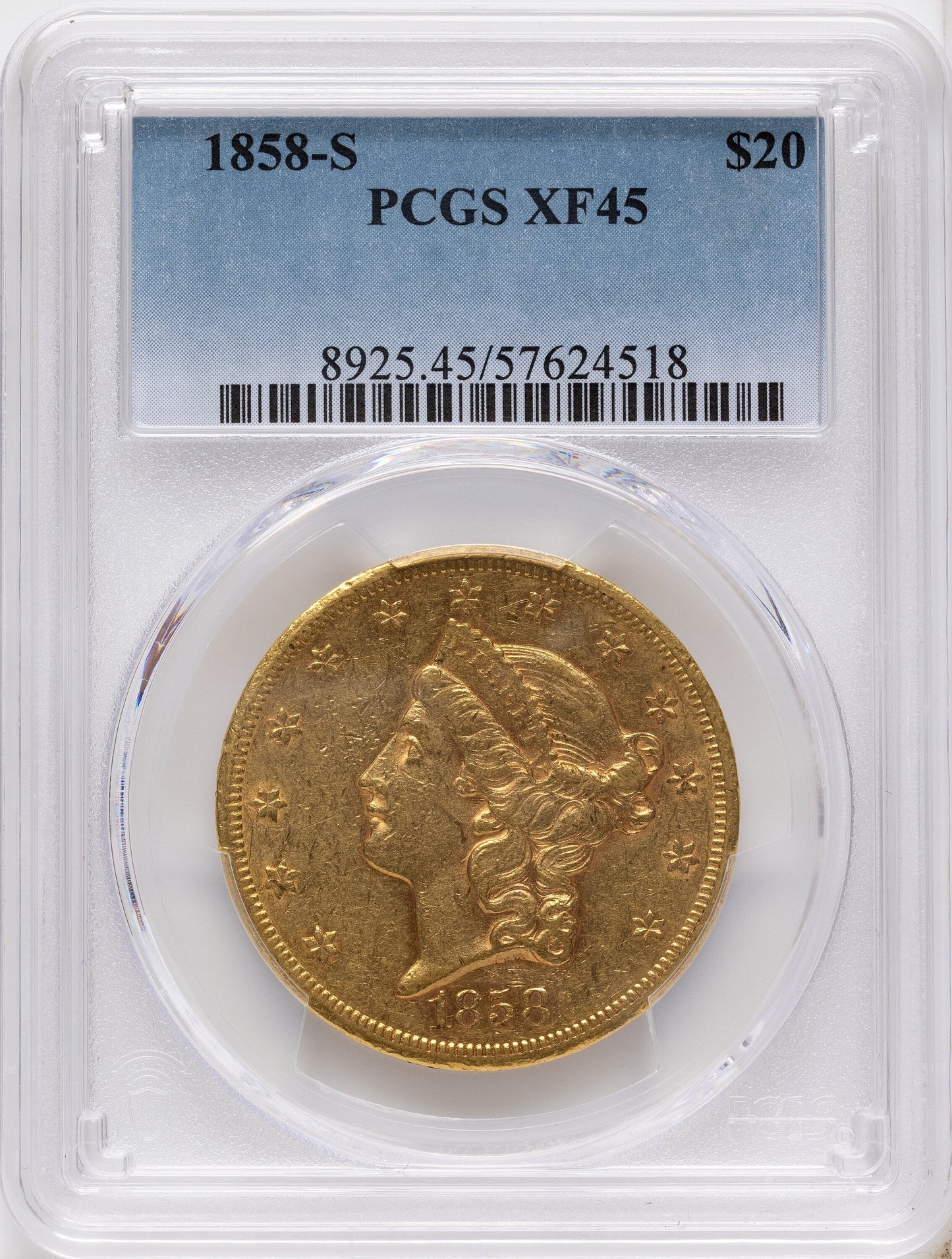1858-S $20 Liberty Double Eagle PCGS XF45