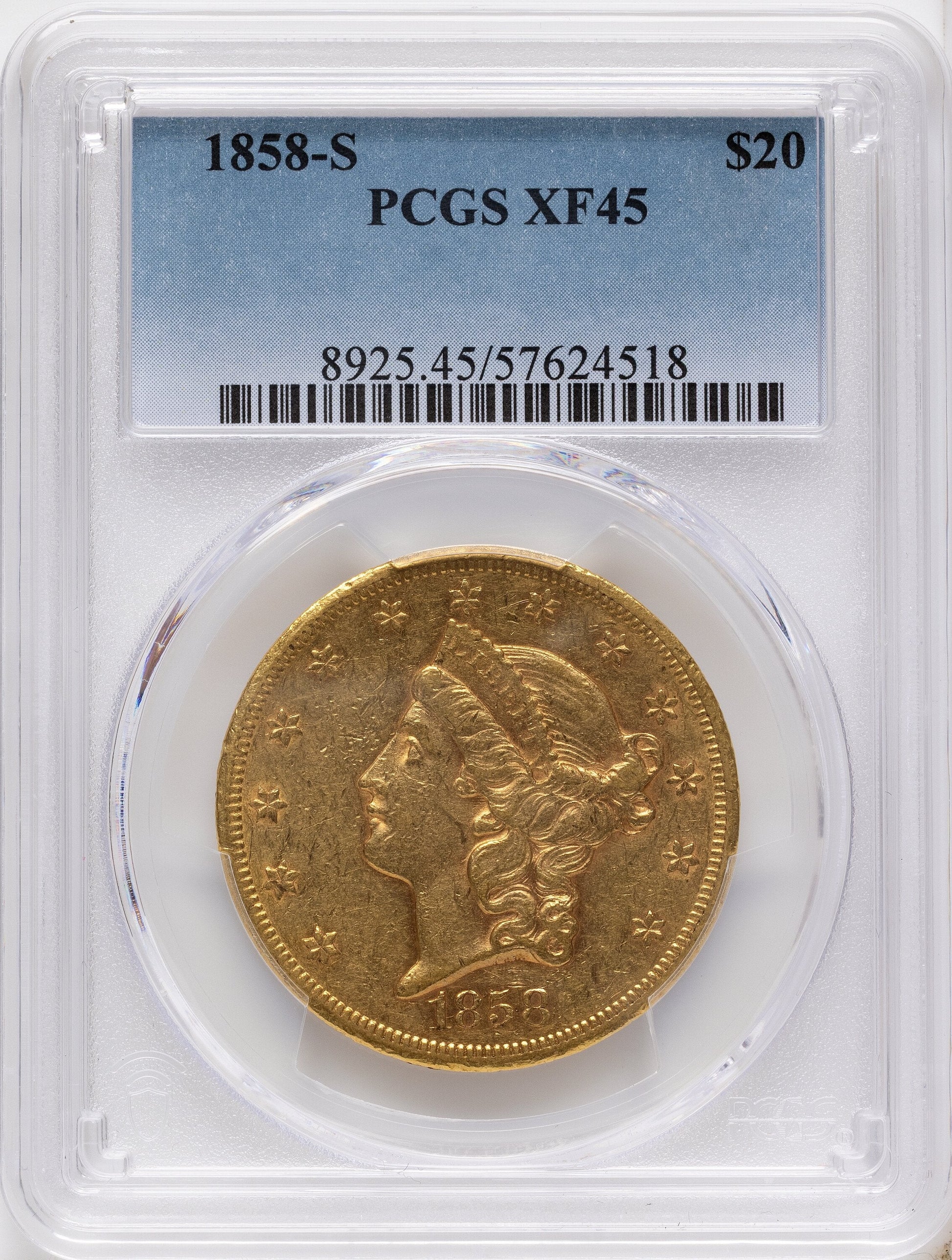 1858-S $20 Liberty Double Eagle PCGS XF45