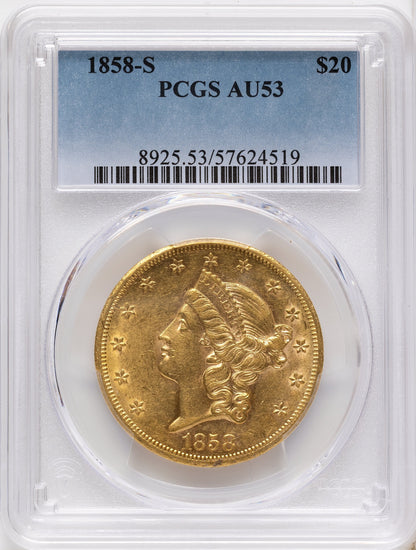 1858-S $20 Liberty Double Eagle PCGS AU53