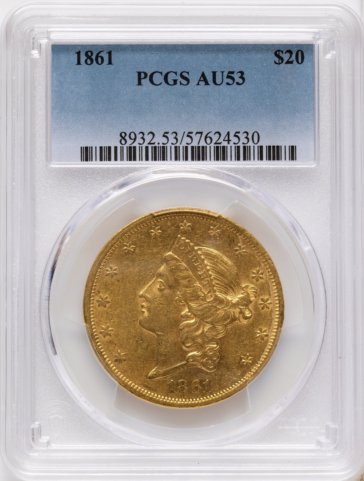 1861 $20 Liberty Double Eagle PCGS AU53