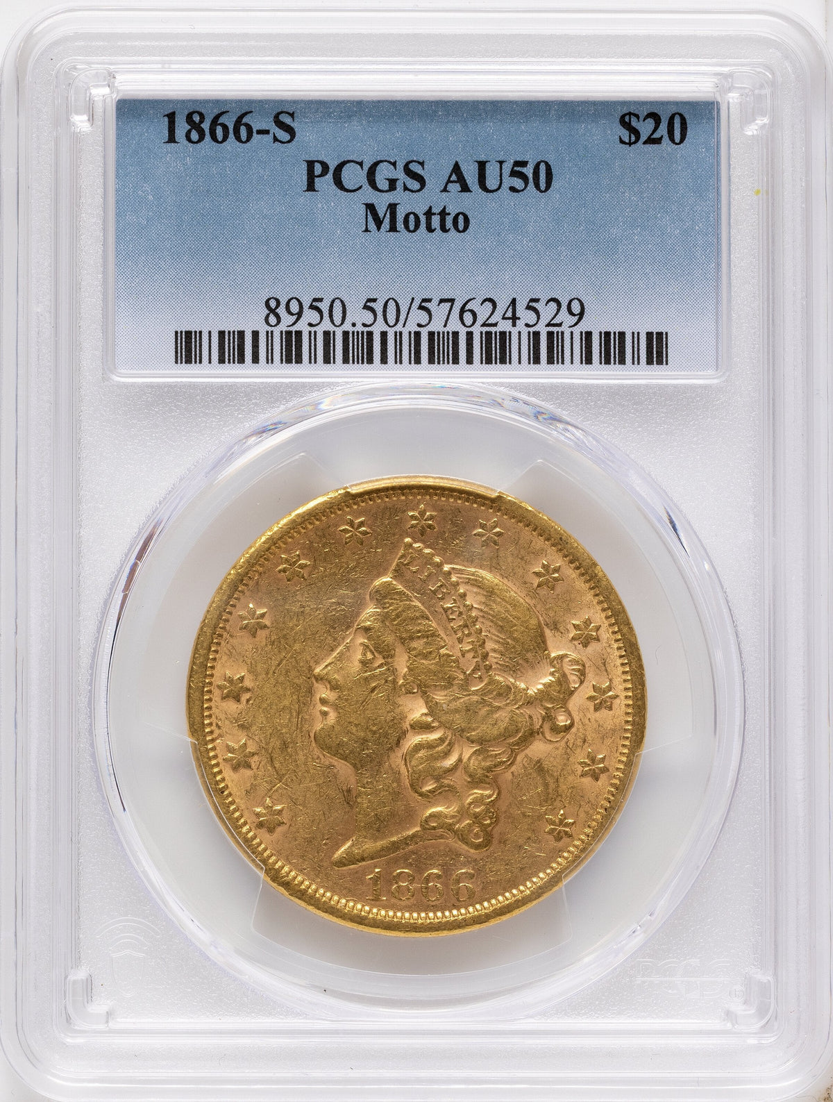 1866-S $20 MOTTO Liberty Double Eagle PCGS AU50