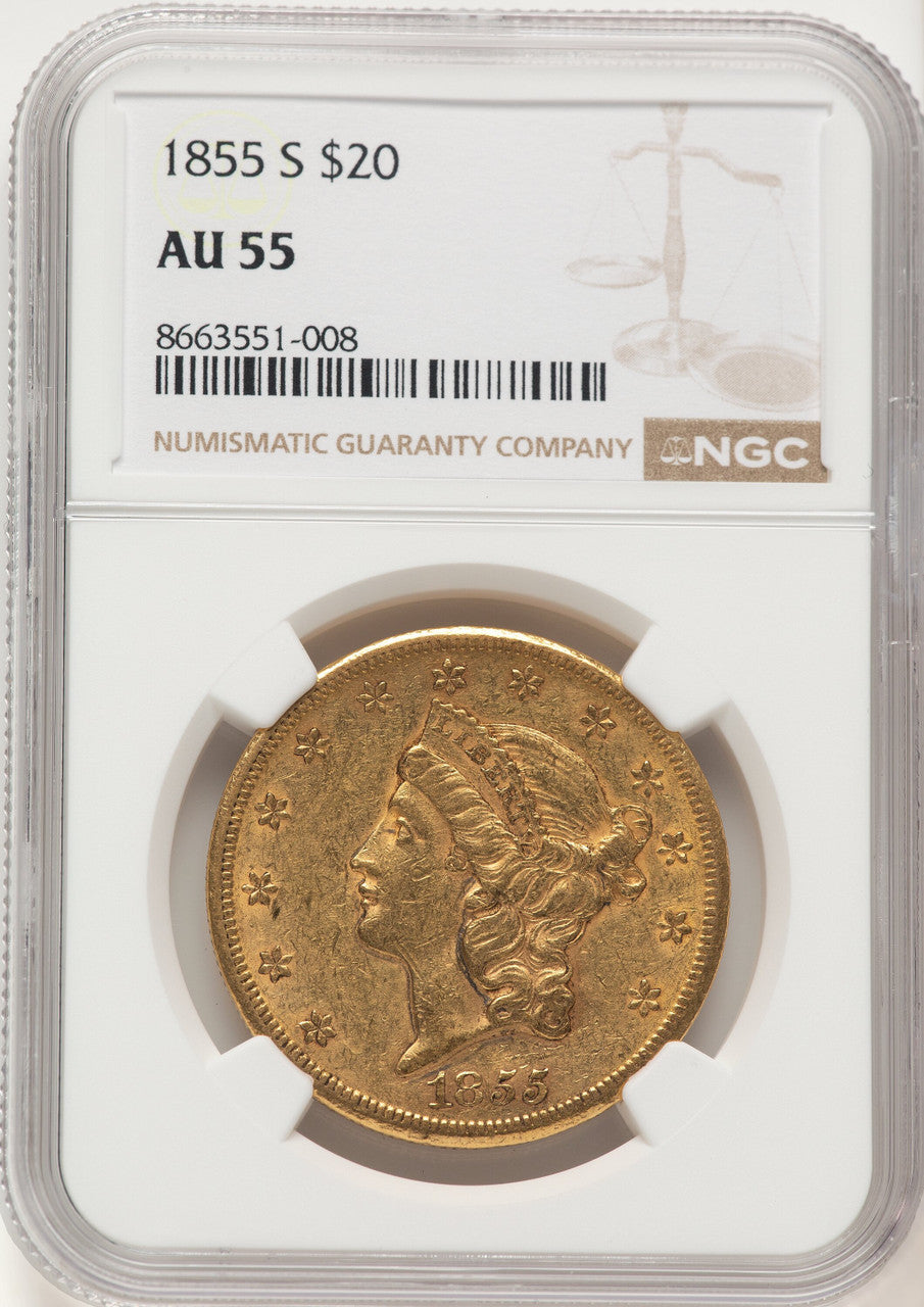 1855-S $20 Liberty Double Eagle NGC AU55