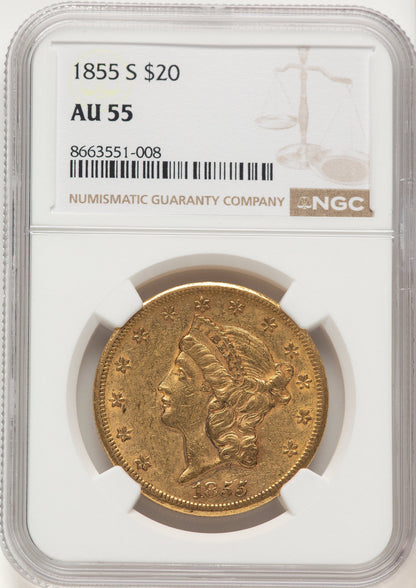 1855-S $20 Liberty Double Eagle NGC AU55