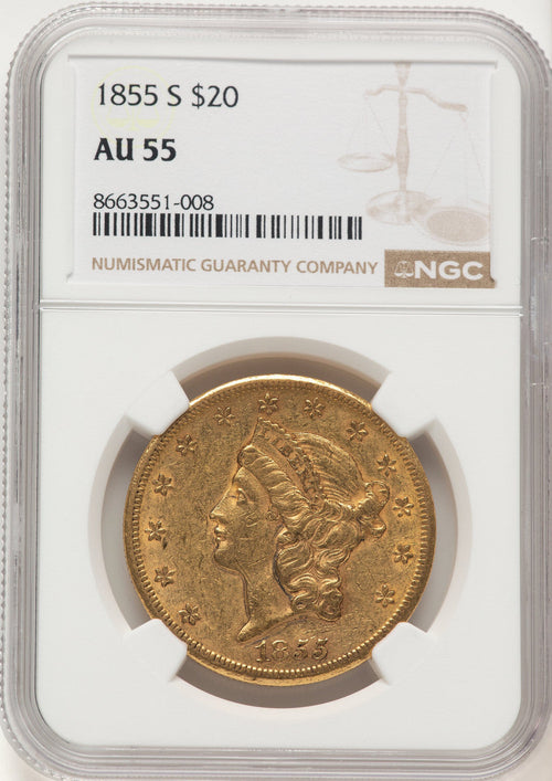 1855-S $20 Liberty Double Eagle NGC AU55