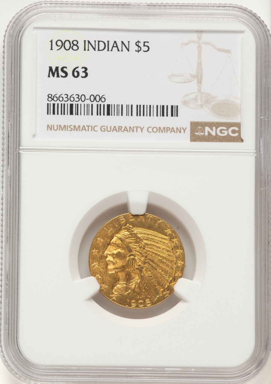 1908 $5 Indian Half Eagle NGC MS63