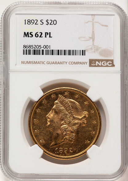 1892-S $20 PL Liberty Double Eagle NGC MS62