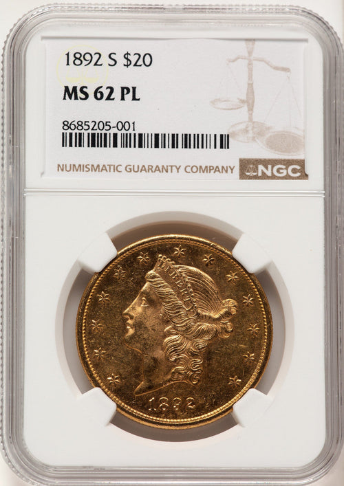 1892-S $20 PL Liberty Double Eagle NGC MS62