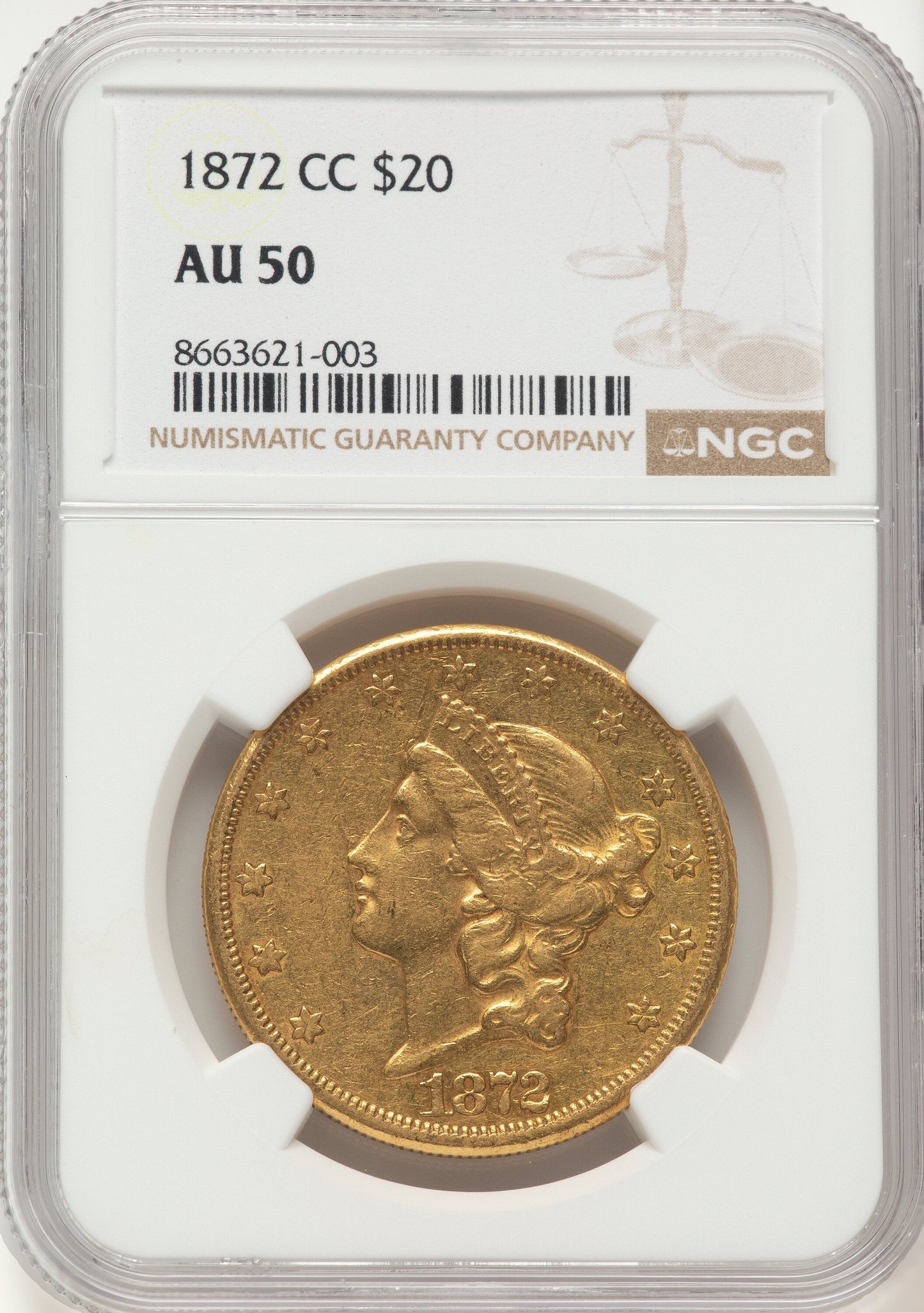 1872-CC $20 Liberty Double Eagle NGC AU50