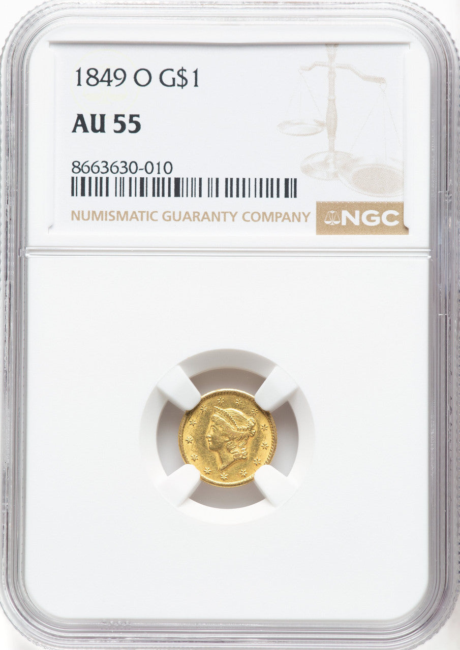1849-O G$1 Open Wreath Gold Dollar NGC AU55