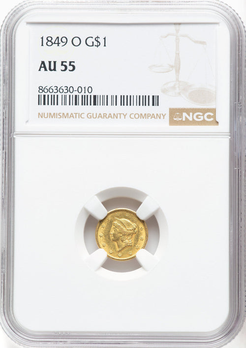 1849-O G$1 Open Wreath Gold Dollar NGC AU55