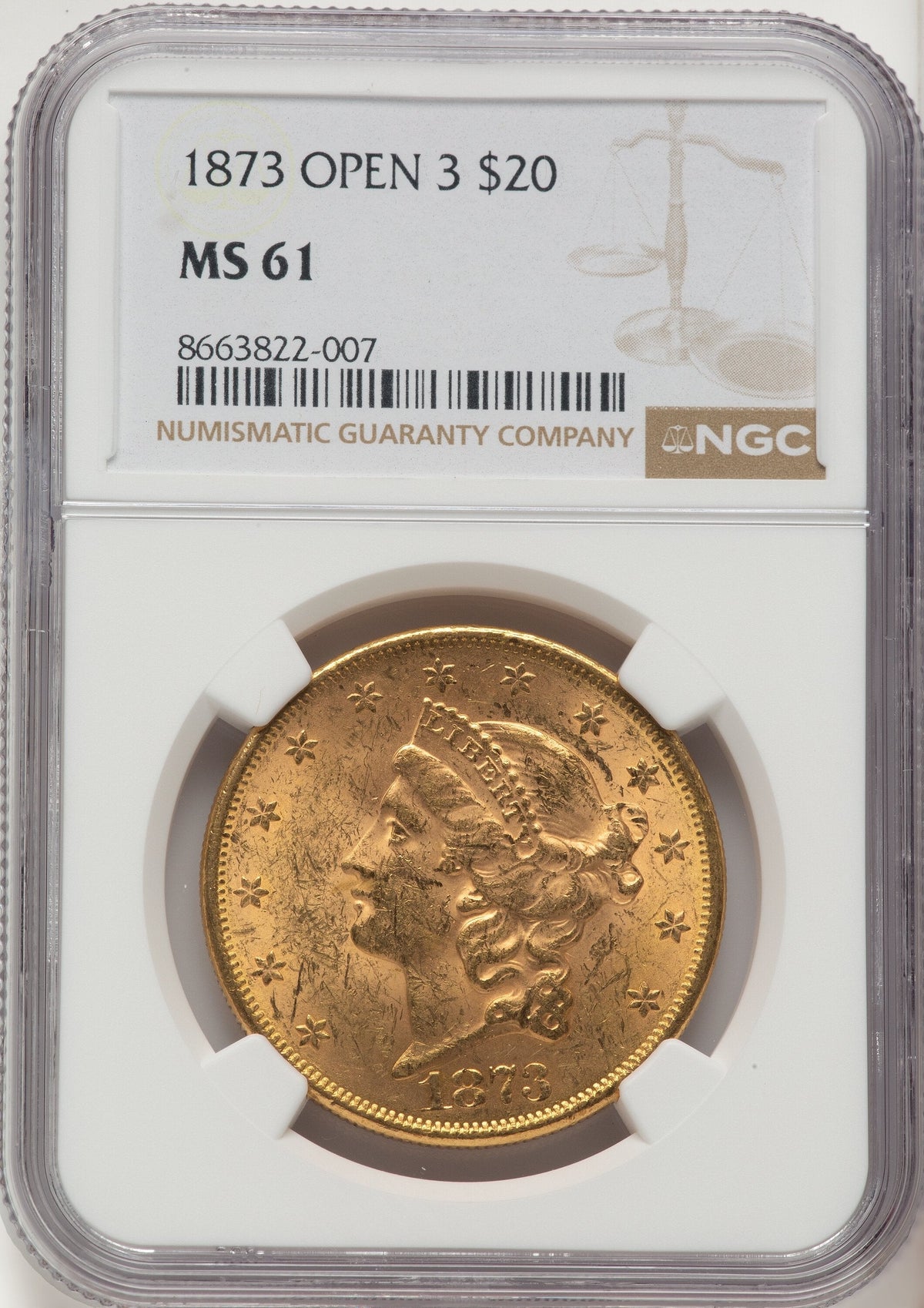 1873 $20 OPEN 3 Liberty Double Eagle NGC MS61