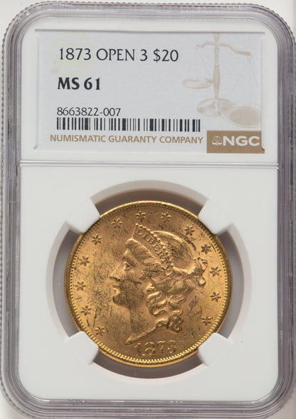 1873 $20 OPEN 3 Liberty Double Eagle NGC MS61