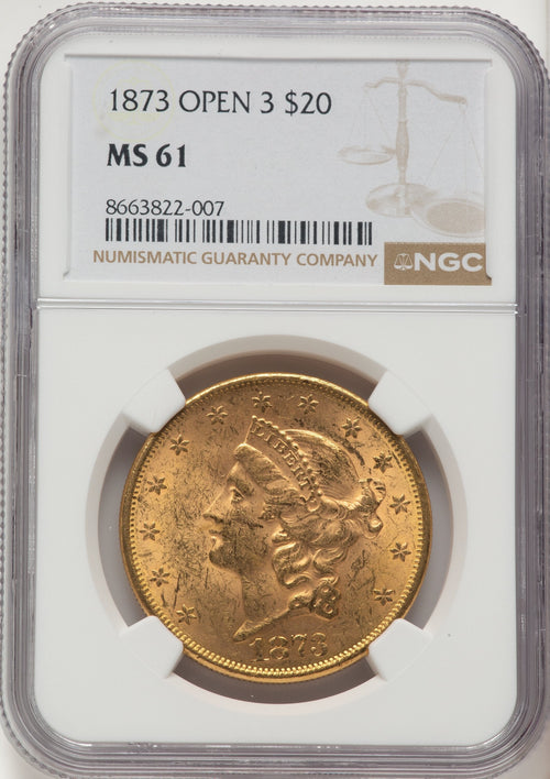 1873 $20 OPEN 3 Liberty Double Eagle NGC MS61