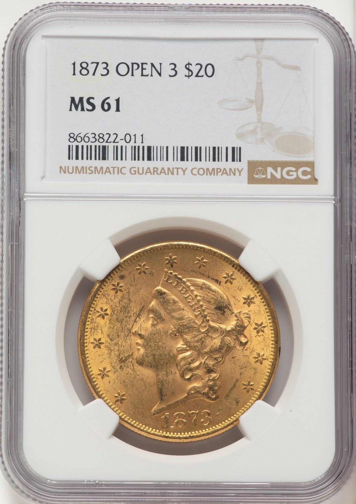 1873 $20 OPEN 3 Liberty Double Eagle NGC MS61