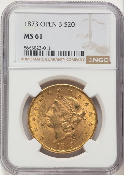 1873 $20 OPEN 3 Liberty Double Eagle NGC MS61