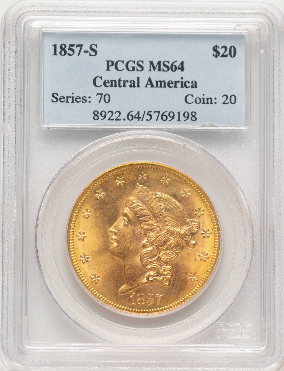 1857-S $20 Liberty Double Eagle PCGS MS64