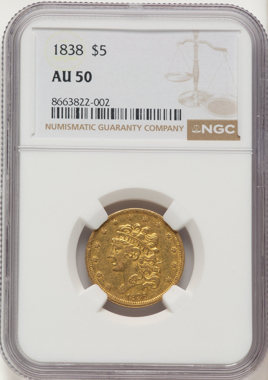 1838 $5 Classic Half Eagle NGC AU50